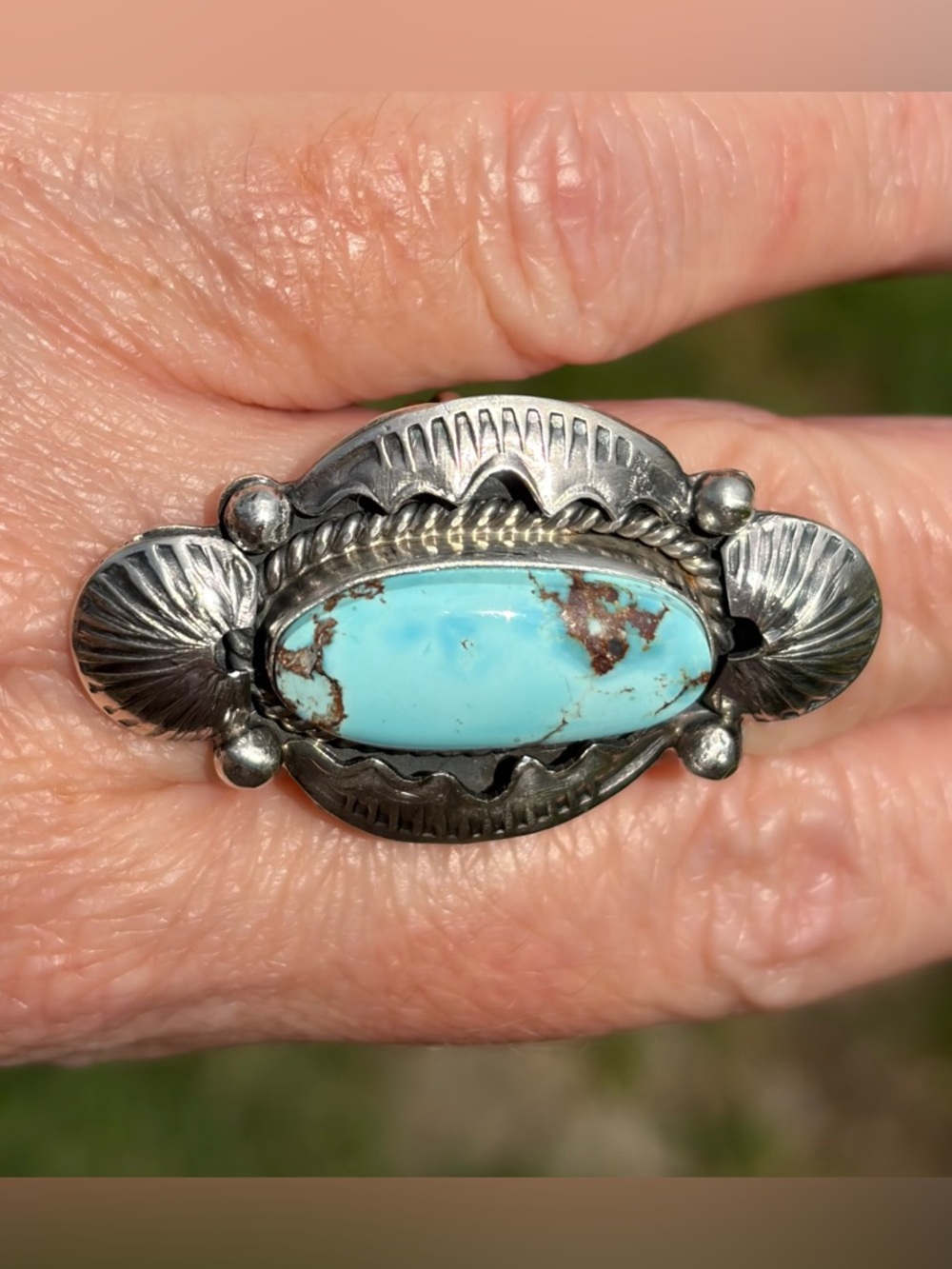 Juanita McDonald-Signed Unisex Golden Hills Turquoise Sterling Silver Ring - Picture 3 of 11